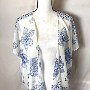 Mudd Blue White Duster Kimono Cover Up Long Sheer Top Boho Summer Festival Beach